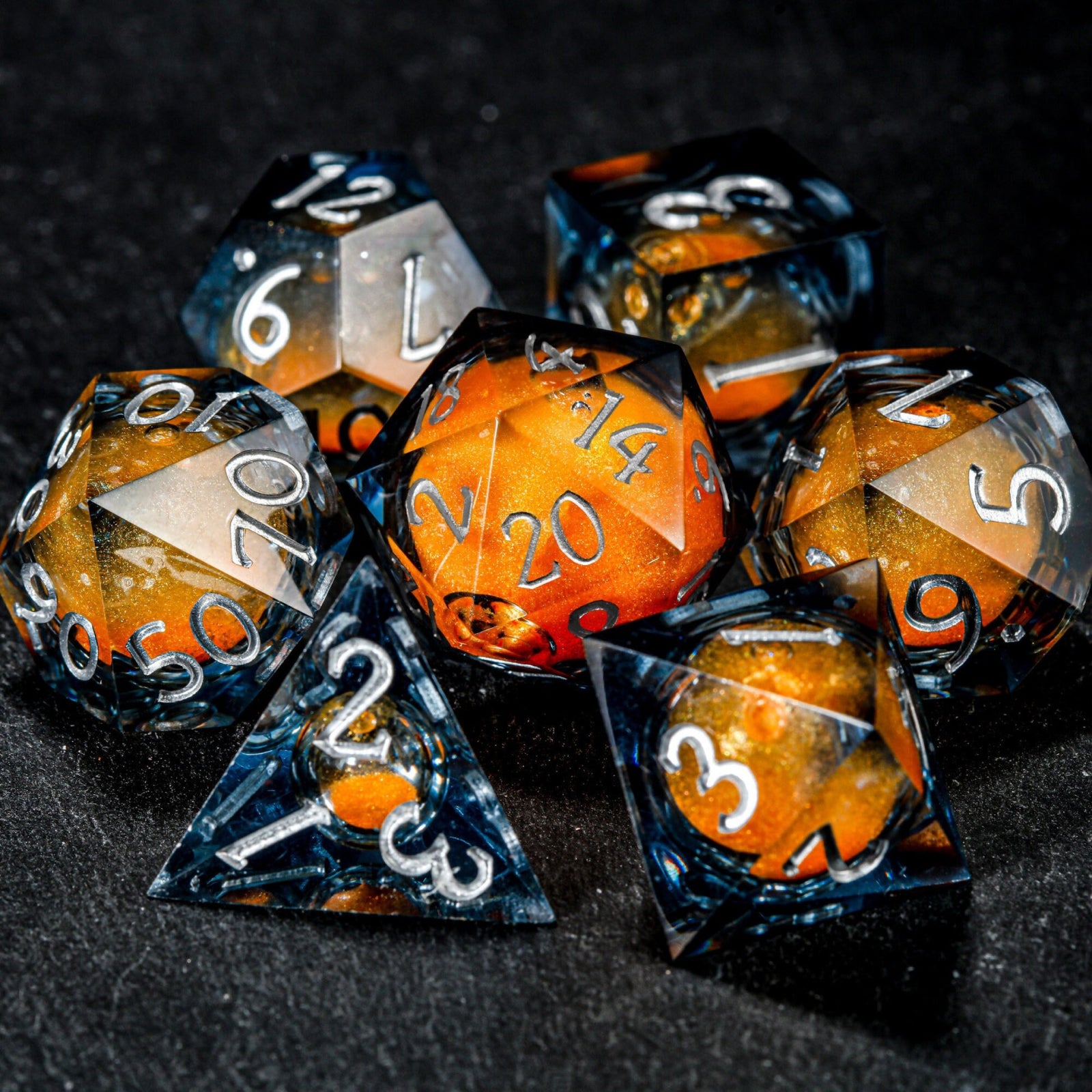 Unique Orange Sand Liquid Core DnD Dice Set