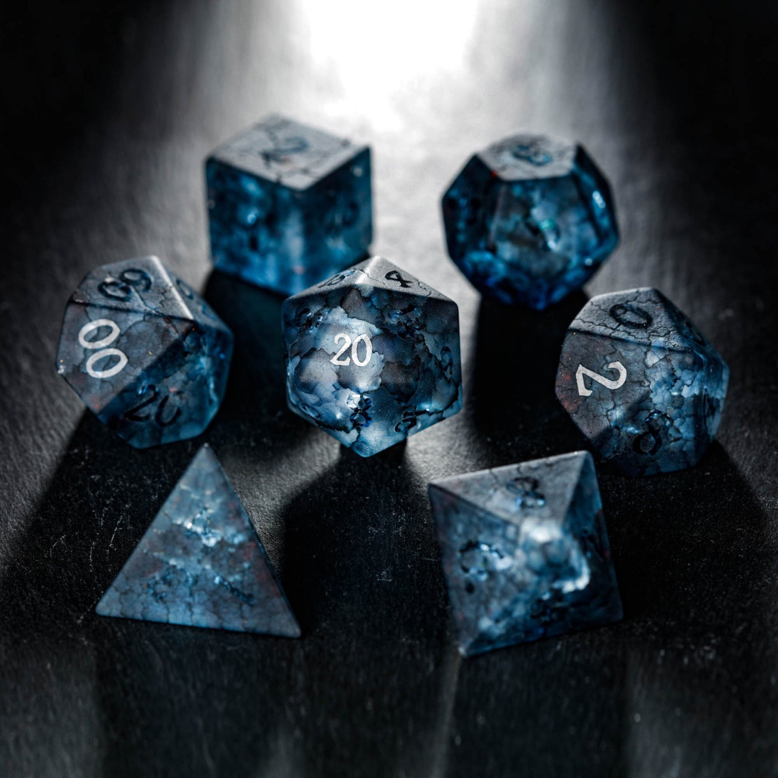 Raised Dark Blue Lightning Glass DnD Dice Set