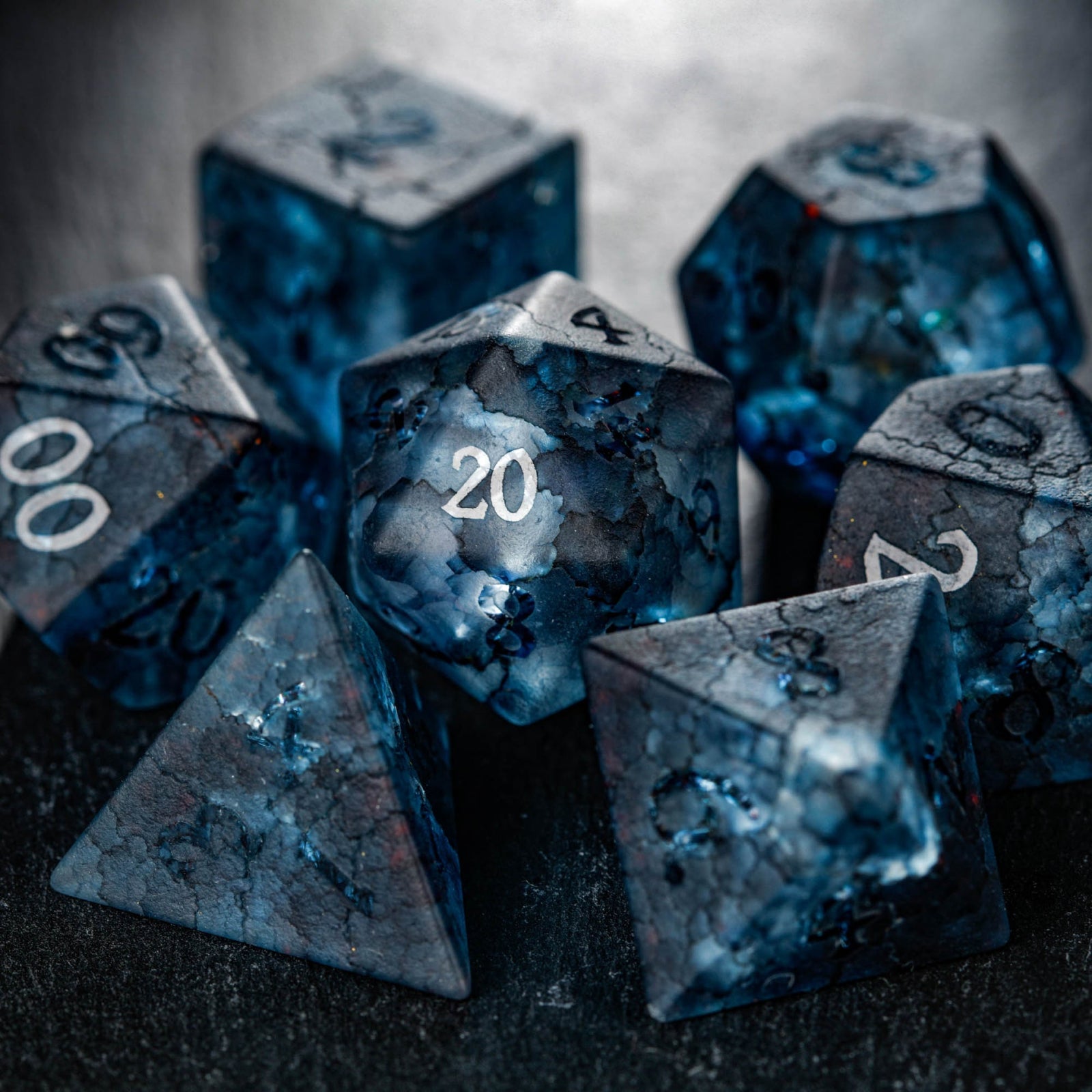 Raised Dark Blue Lightning Glass DnD D&D Dice Set