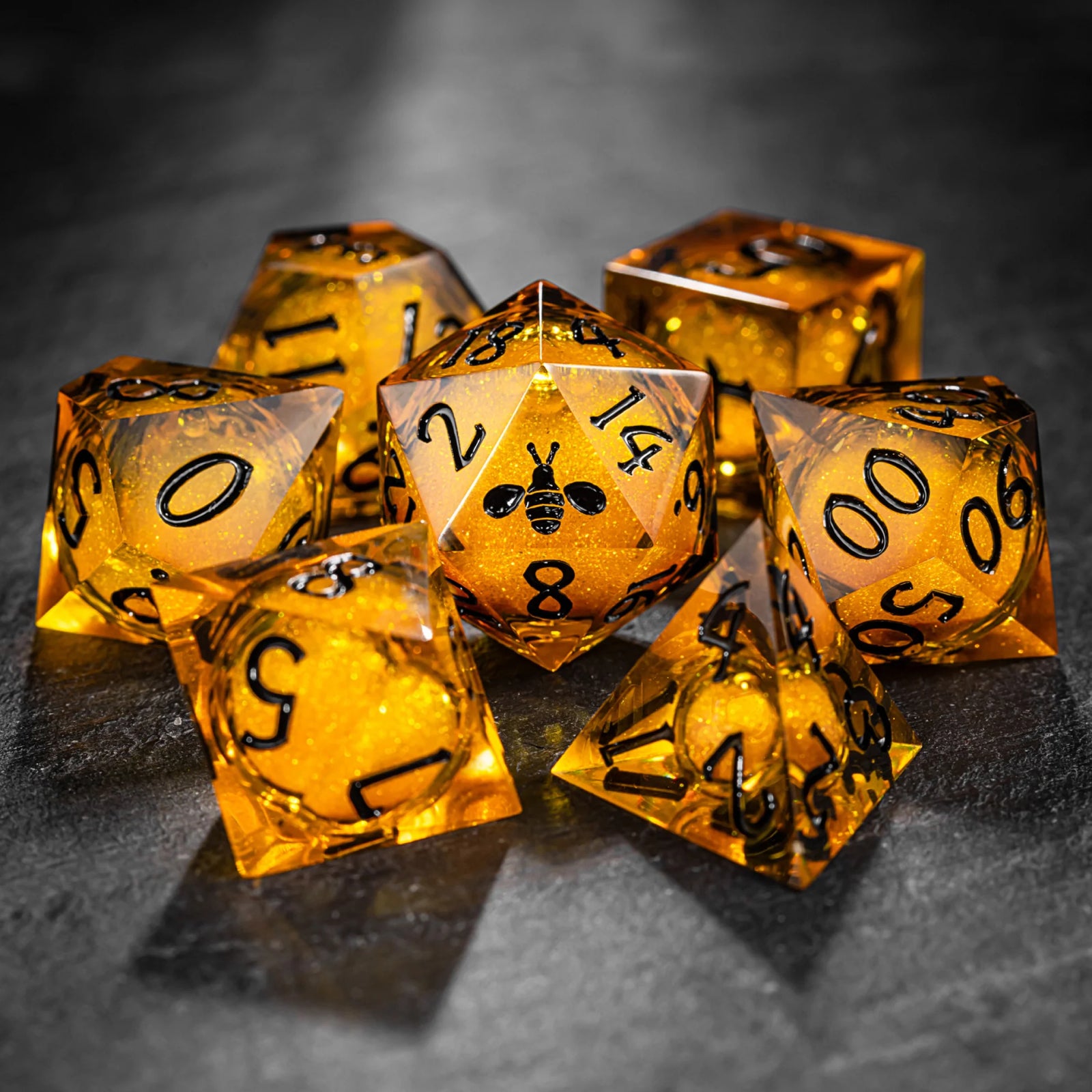 Yellow Sand Liquid Core Bee DnD Dice Set